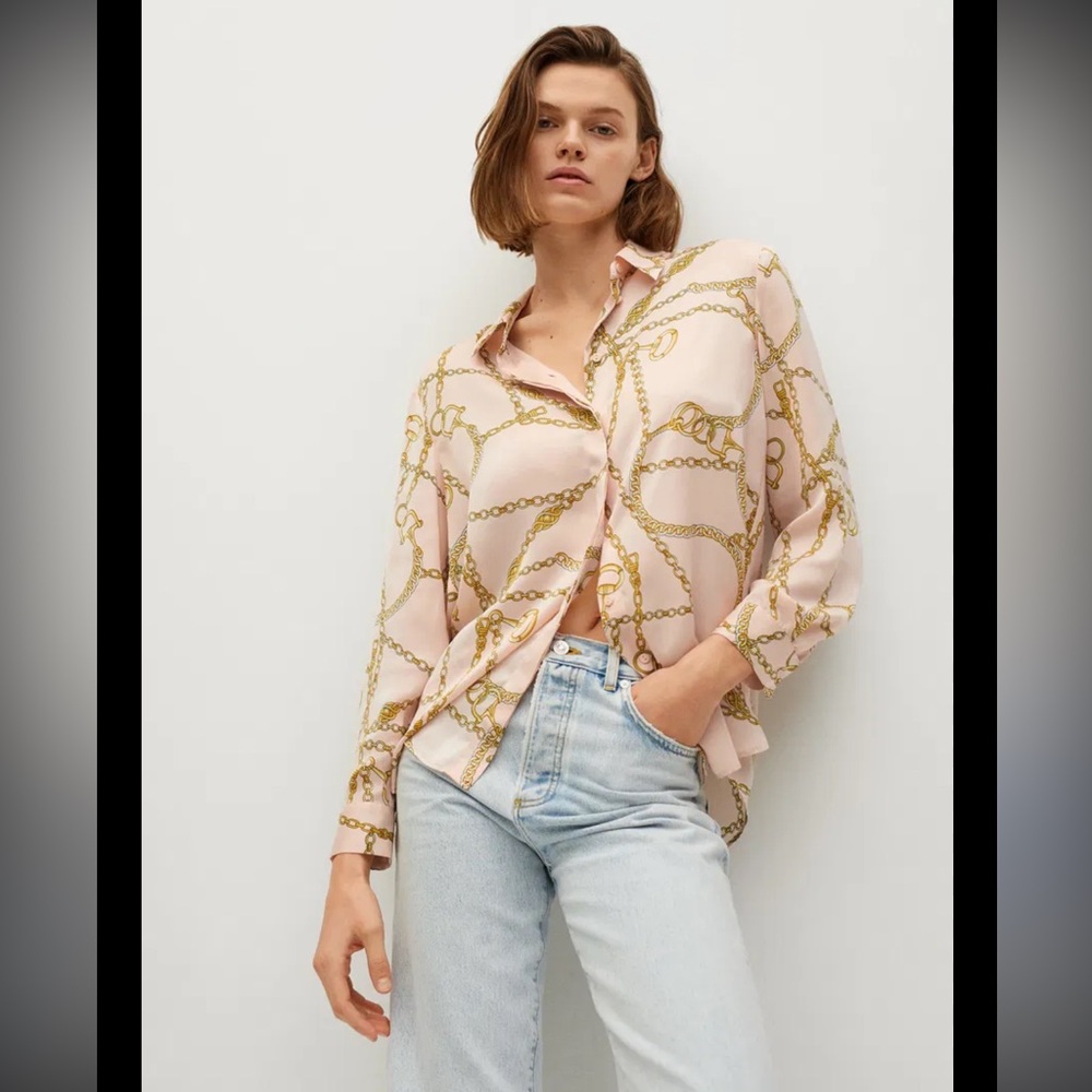 Mango Pink Chain-Print Button-Down Blouse